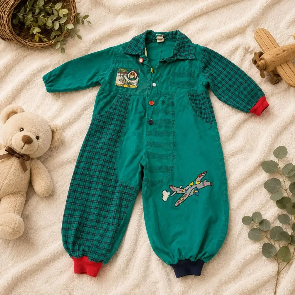 Vintage Broadway Kids Airplane Patch Plaid One Piece Romper Green Made in USA